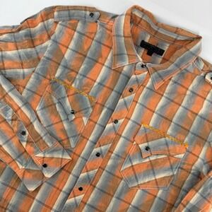 Smash Plaid Shirt Mens XL Orange Grey Studded Western Pearl Snap Button Down
